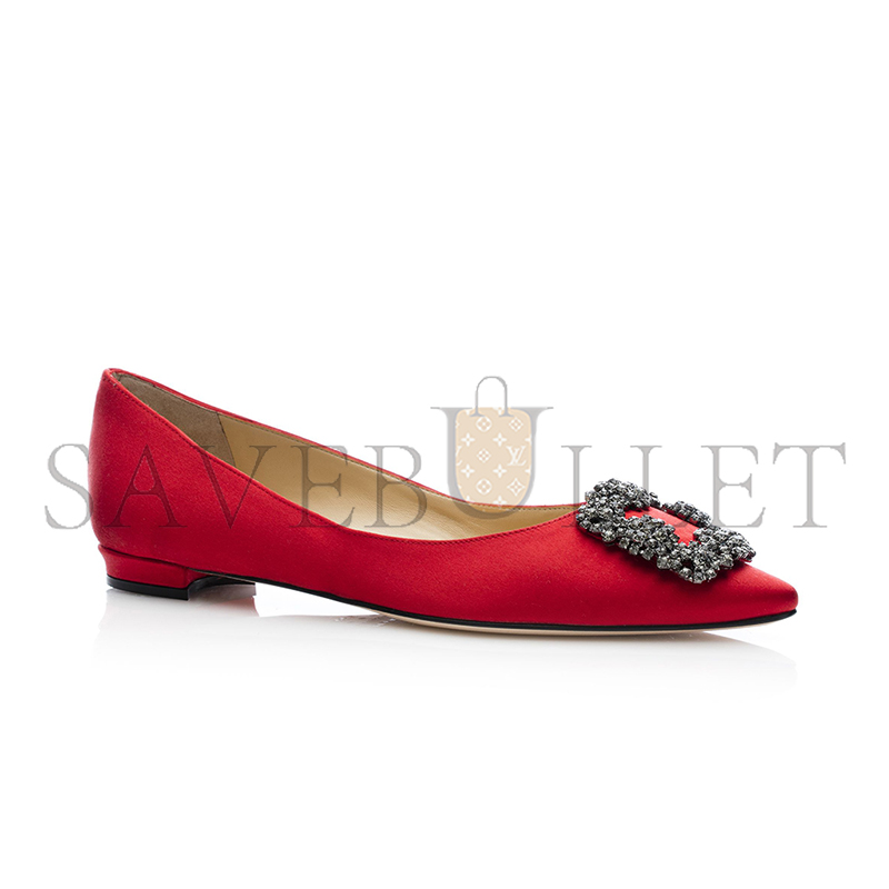 MANOLO BLAHNIK HANGISIFLAT RED SATIN JEWEL BUCKLE FLAT PUMPS 9XX-0348-0052