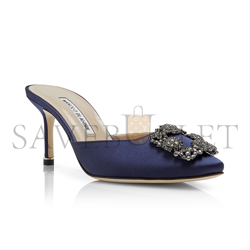 MANOLO BLAHNIK HANGISIMU NAVY BLUE SATIN JEWEL BUCKLE MULES 9XX-0726-0045