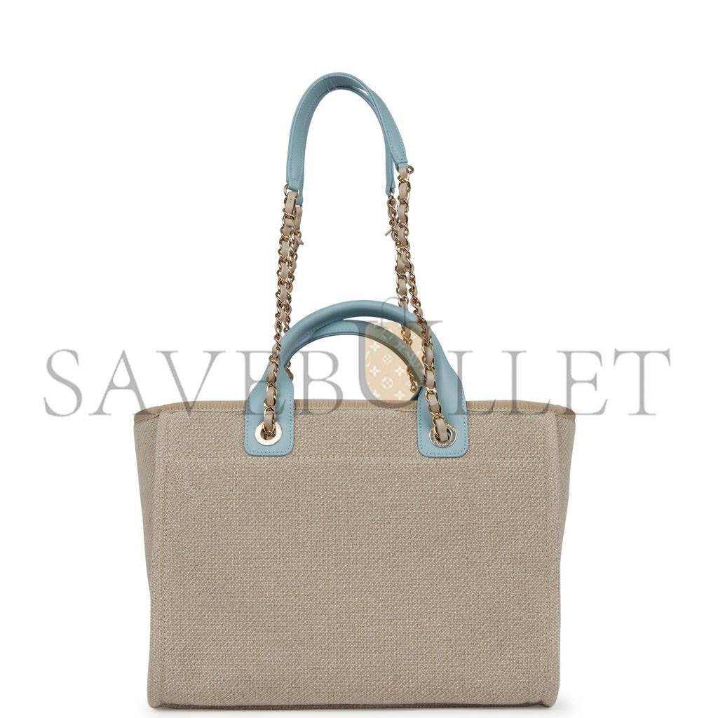 CHANEL SMALL DEAUVILLE SHOPPING BAG BLUE AND BEIGE BOUCLE LIGHT GOLD HARDWARE (34*27*15cm)