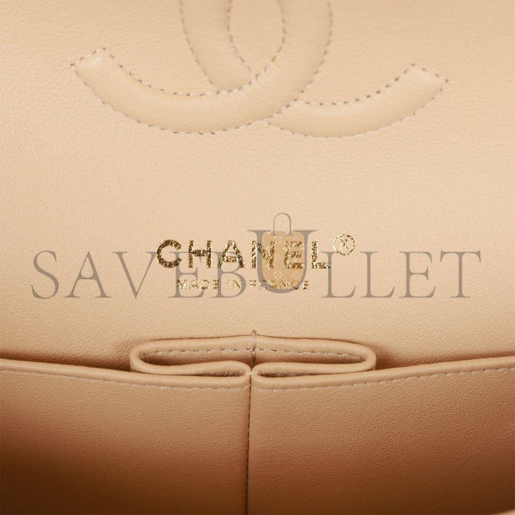 CHANEL MEDIUM CLASSIC DOUBLE FLAP BAG BEIGE LAMBSKIN LIGHT GOLD HARDWARE (25*15*7cm)